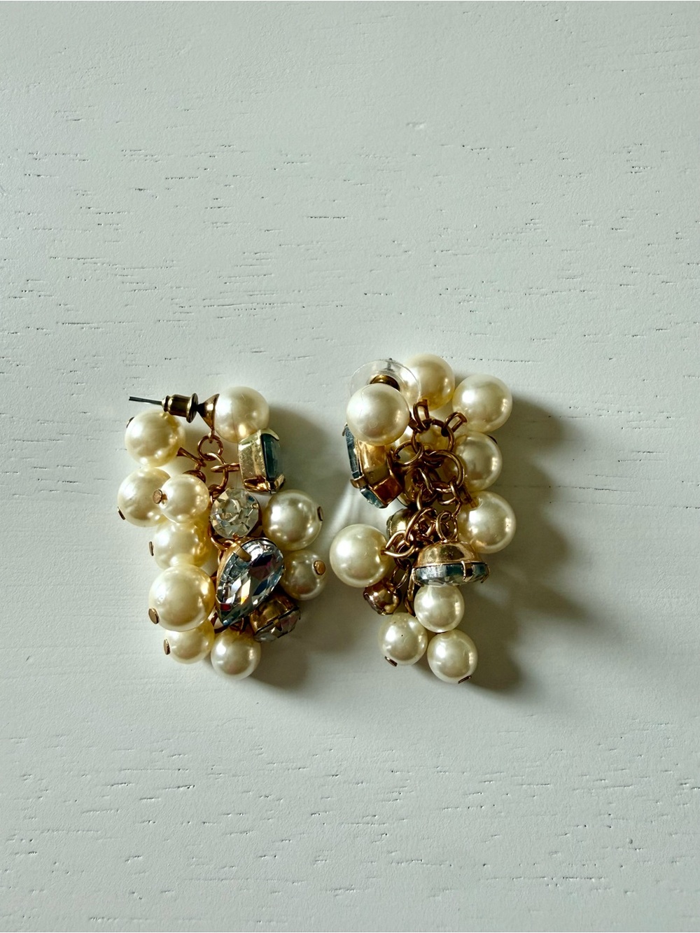 Vintage Faux Pearl & Crystal Cluster Statement Dangle Earrings Gold Tone